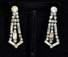 Rhinestones Teardrop Dangle Earrings Vtg Clear Emerald Cut Holiday Long Drop 2"