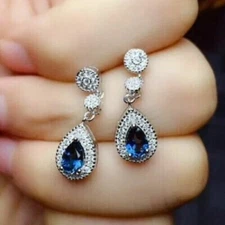 2Ct Pear Cut Simulated Sapphire Drop Dangle Earrings 14k White Gold Plated