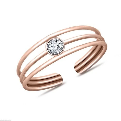 0.10 ct 14K Simulated Diamond Rose Gold Over Triple Band Line Solitaire Toe Ring