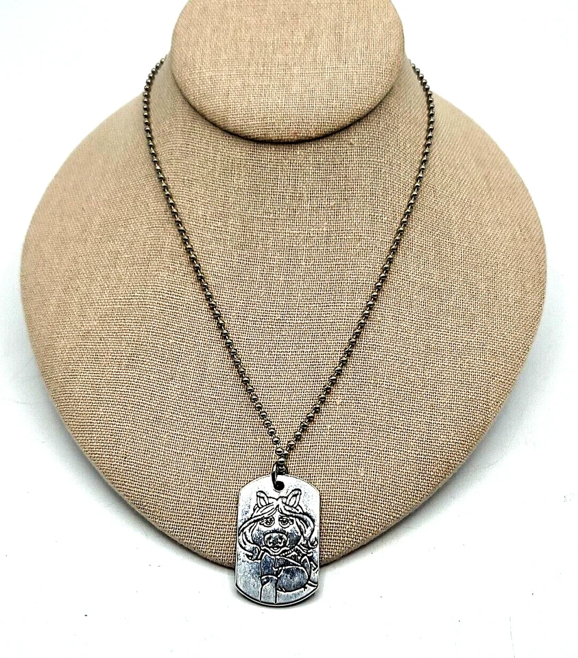 Vintage Disney Kermit & Miss Piggy Necklace Silver Toned Chain 18 In. 3" Ext. - Image 2 of 4