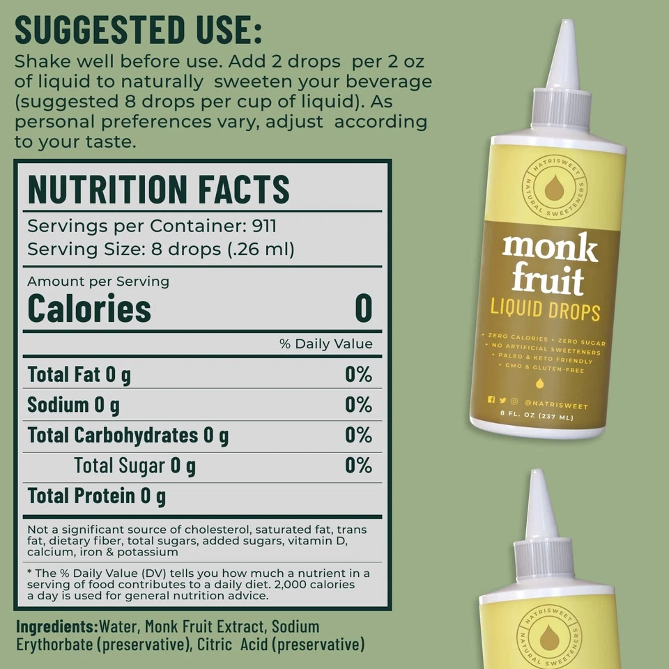 NatriSweet Liquid Monk Fruit Sweetener Drops 8 fl oz, Sugar Substitute 911 Drops - Image 4 of 4