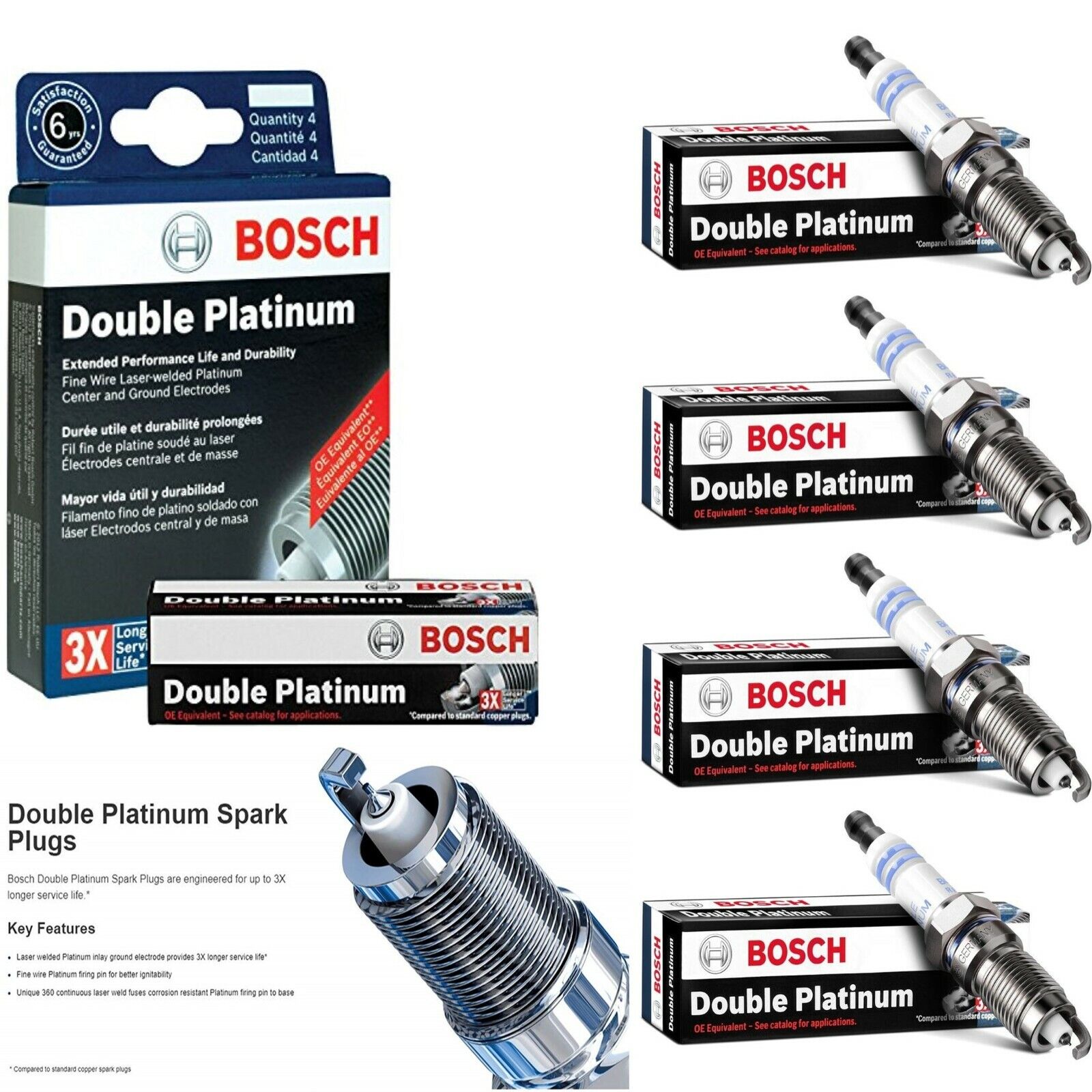 4 Pack Spark Plugs Bosch Double Platinum For 2001-2005 VOLKSWAGEN JETTA L4-2.0L
