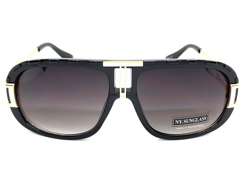 Men's Classic Vintage Retro Hip Hop Rapper Style SUN GLASSES Black & Gold Frame - Picture 3 of 6