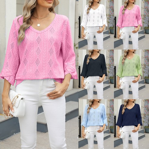 Women 3/4 Sleeve Spring T-Shirt Tops Ladies V-Neck Casual Loose Blouse Pullover