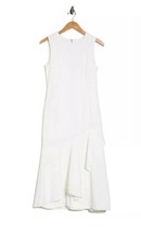 NWT CALVIN KLEIN Round Neck Sleeveless Asymmetrical Ruffle Hem Midi Dress Size 2