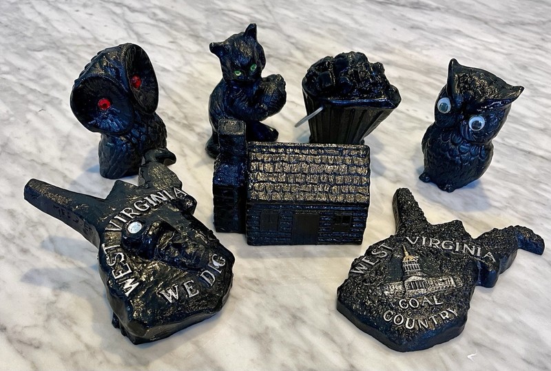 Lot Of 7 Carved Coal Figurines Souvenir West Virginia Cat Owl Cabin State Bucket