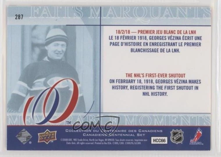 2008 Montreal Canadiens Centennial Set Parallel 100 /100 Georges Vezina #287 HOF - Image 2 of 2