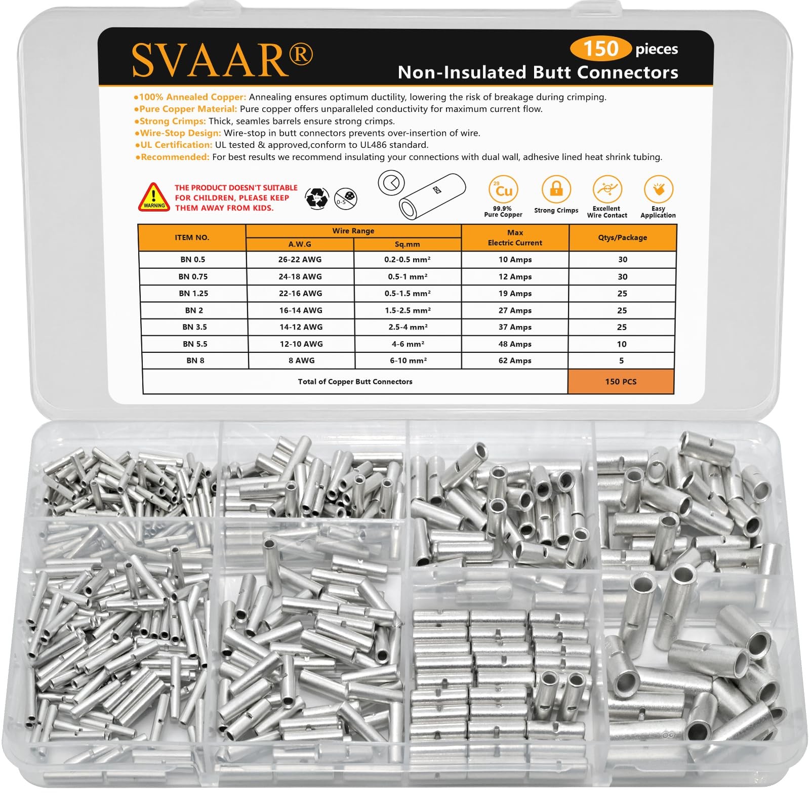 SVAAR 150 PCS 26-8 150PCS AWG Kit, Non-Insulated Splice - Tinned Copper