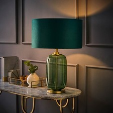 Forest Green Glass and Gold Detail Table Lamp Velvet Drum Light Shade LED Bulb