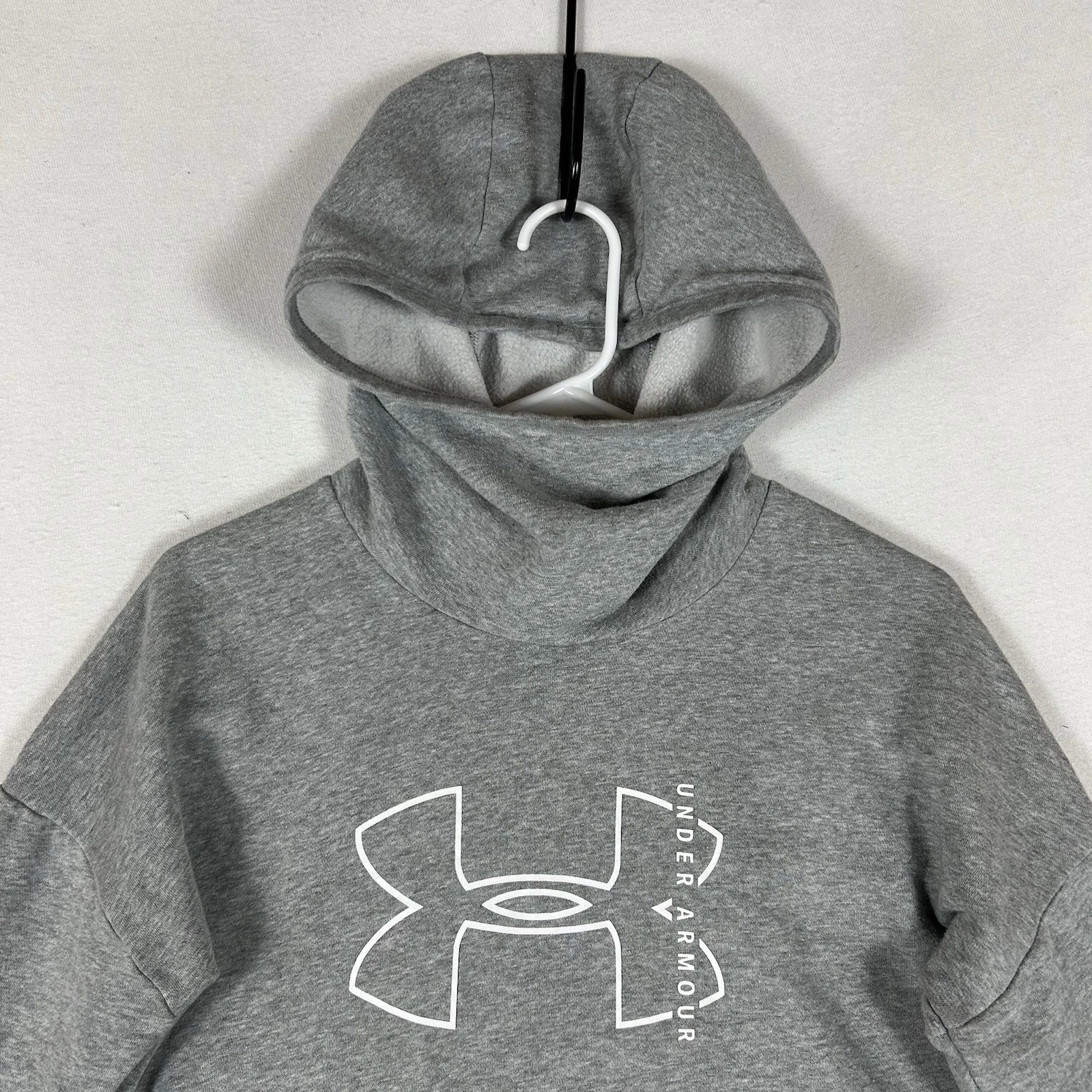 VETEMENTS Felpa con cappuccio Under Armour finto collo Activewear donna XS vestibilità ampia grigio logo palestra corsa