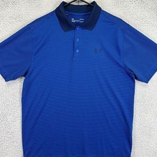 Under Armour Polo Shirt Mens Large Blue Striped Golf Rugby Heat Gear Performance