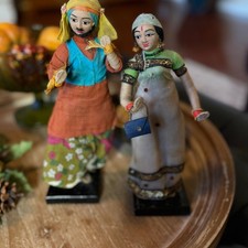 Vintage Indian Man and Woman Cloth Dolls with Traditional Attire - Set of 2