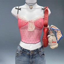 Sheer Pink Mesh Lingerie Camisole Lace Trim Bow Detail Coquette Grunge Y2K Style