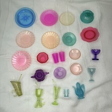 Bundle Of Colorful Clear Barbie Doll Dishes Mix Lot Plates Bowls Cups J2N