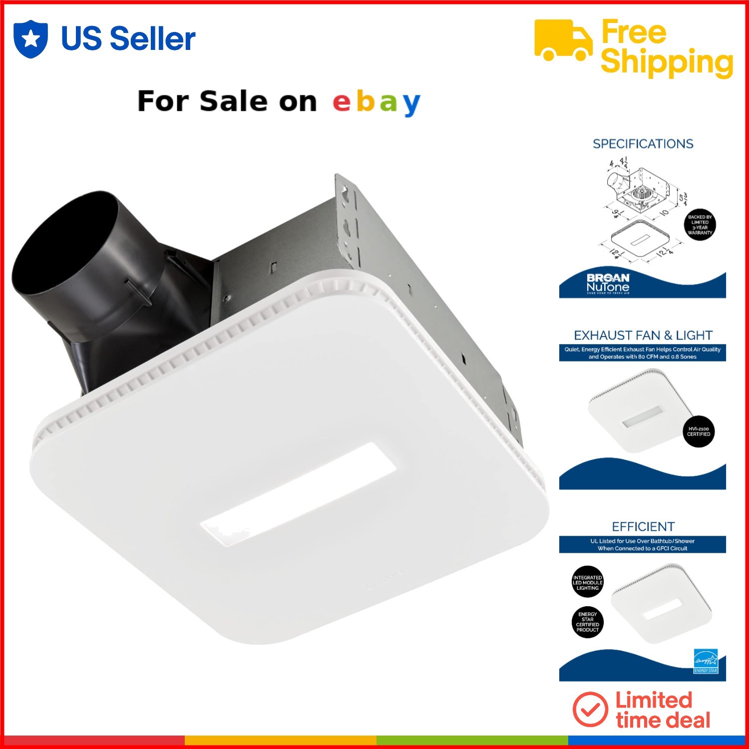 ENERGY STAR 80 CFM Bathroom Exhaust Fan with LED Light 0.7 Sones Quiet White