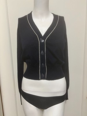 Authentic CHANEL 08C Cruise Navy Cashmere Silk Cardigan COCO Line Buttons IT 36