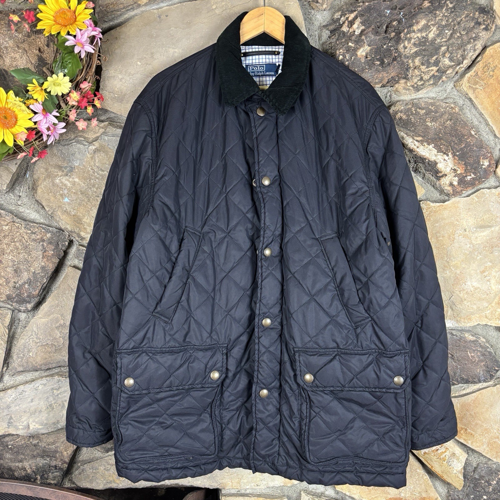 Vintage Polo by Ralph Lauren Quilted Chore Barn Jacket Coat Sz XL Black Corduroy