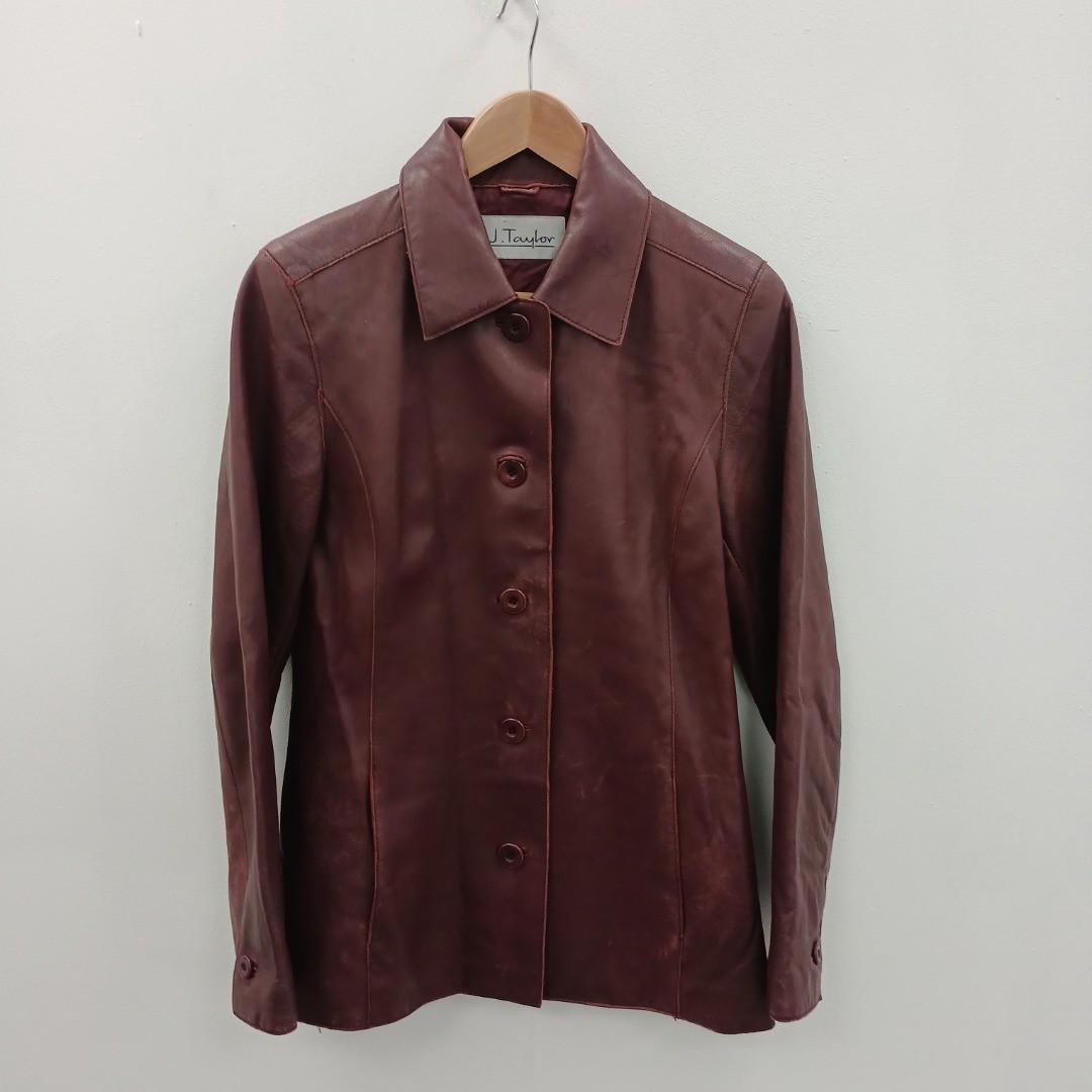J.Taylor Burgundy Leather Jacket Buttoned UK10 Womenswear J.Taylor Burgundy Leather Jacket Buttoned UK10 Womenswear