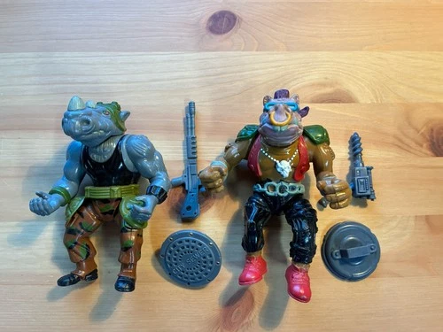 1988 TMNT Rocksteady and Bebop Vintage Figures with Accessories Near Complete