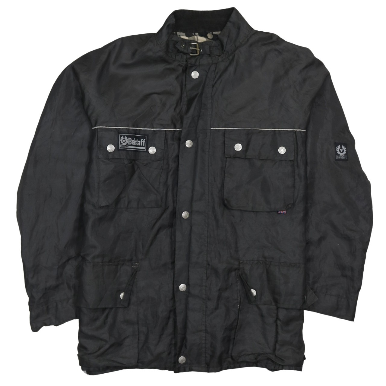 Belstaff Mens Jacket Black Waxed Belted Four Pocket Reflective Biker Coat L