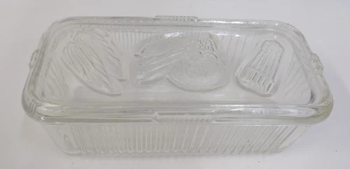 Vtg 1940's Federal Glass Ribbed Refrigerator Dish with Embossed Vegetable Lid