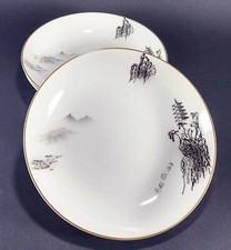 3 Fukagawa Arita Soup Bowls Black White Minimalist Asian Pagoda Landscape 7 3/4"