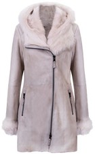 Women's Frost Grey Hooded Suede Merino Shearling Sheepskin Leather Jacket
