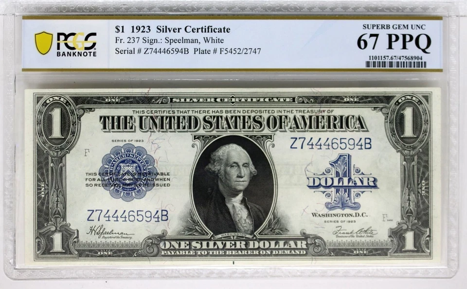 1923 $1 Silver Certificate Banknote Fr. 237 PCGS 67 PPQ " Z 74446594 B Serial #" - Image 3 of 4