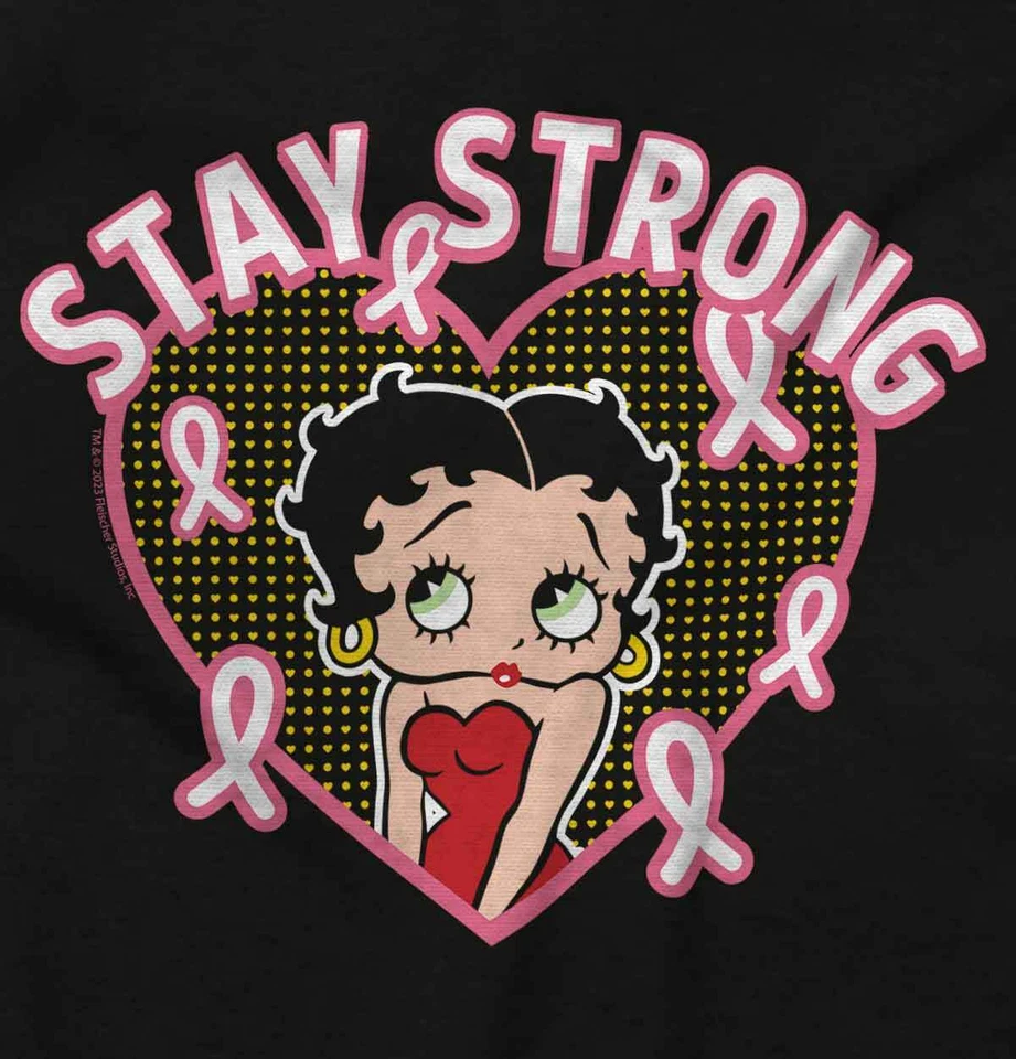 Betty Boop Breast Cancer Stay Strong Cartoon Womens Lettuce Trim Crop Top Foto 2 de 4
