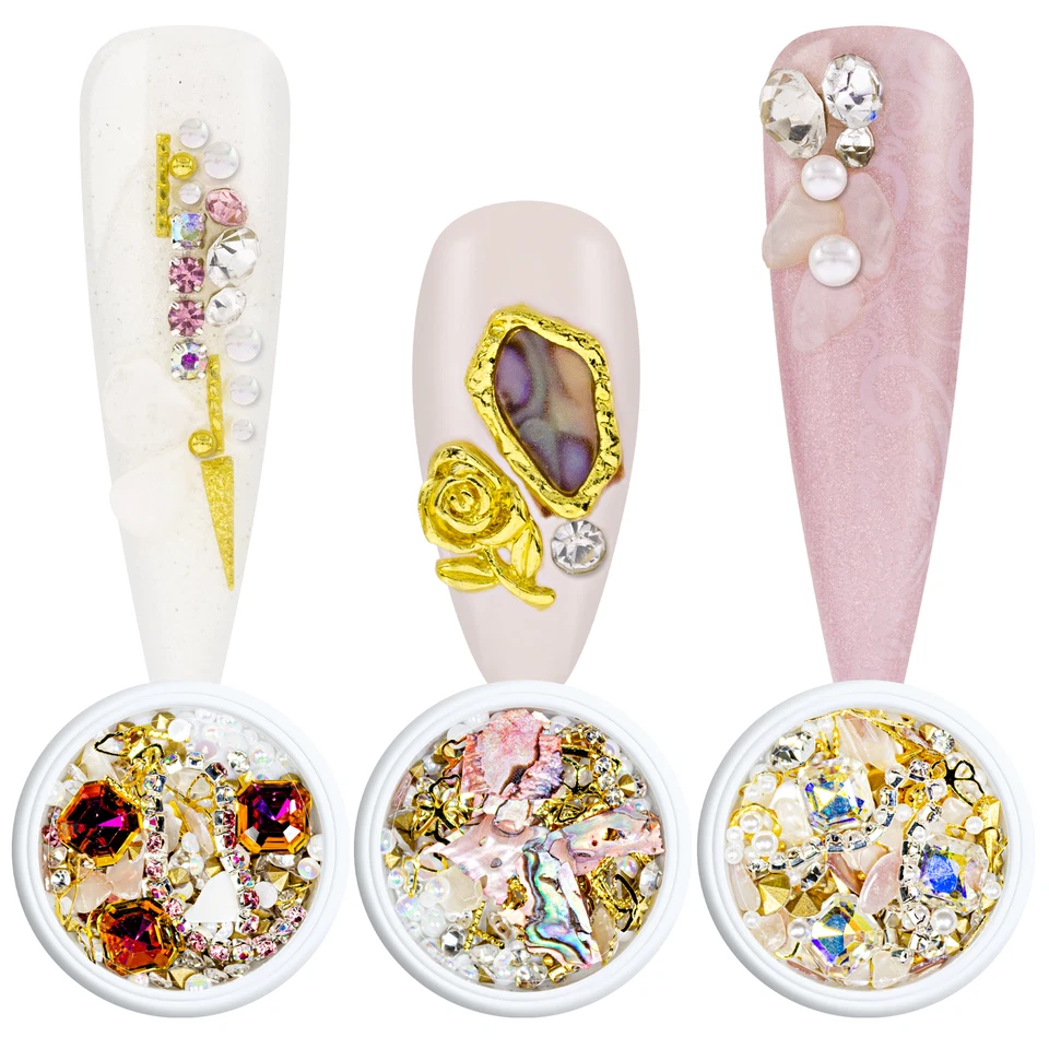 Set Nail Art Bling Bling Glamour UV LED Gel Strass Diamante Perle Fiori - Immagine 2 di 4