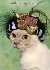 White Cat With The Right Hat Feminine Funny Birthday Card for Her Woman