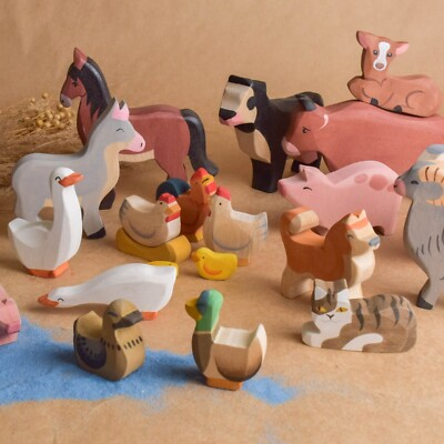 #ad Wooden Toy Farm Animal Set 22 pcs. Toys Figurines Uniqe Handmade Gift Montessori $98.50