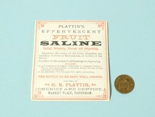 1 x Antique PLATTIN'S Fruit Saline Fakenham  Chemist BOTTLE Paper Label