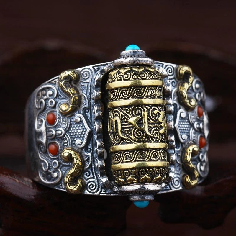 Drehbarer Om Mani Padme Hum Ring Vintage Tibetischer Spinner Ring für Männer Buddhist