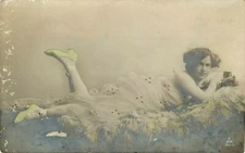 RPPC Postcard Victorian Woman in Green Heels Reclining Fur Bed 1906 Unstamped 