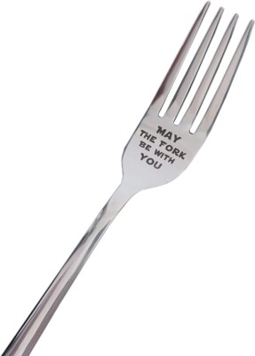 Tenedor de acero inoxidable grabado con láser ''Que el tenedor esté contigo'' con.