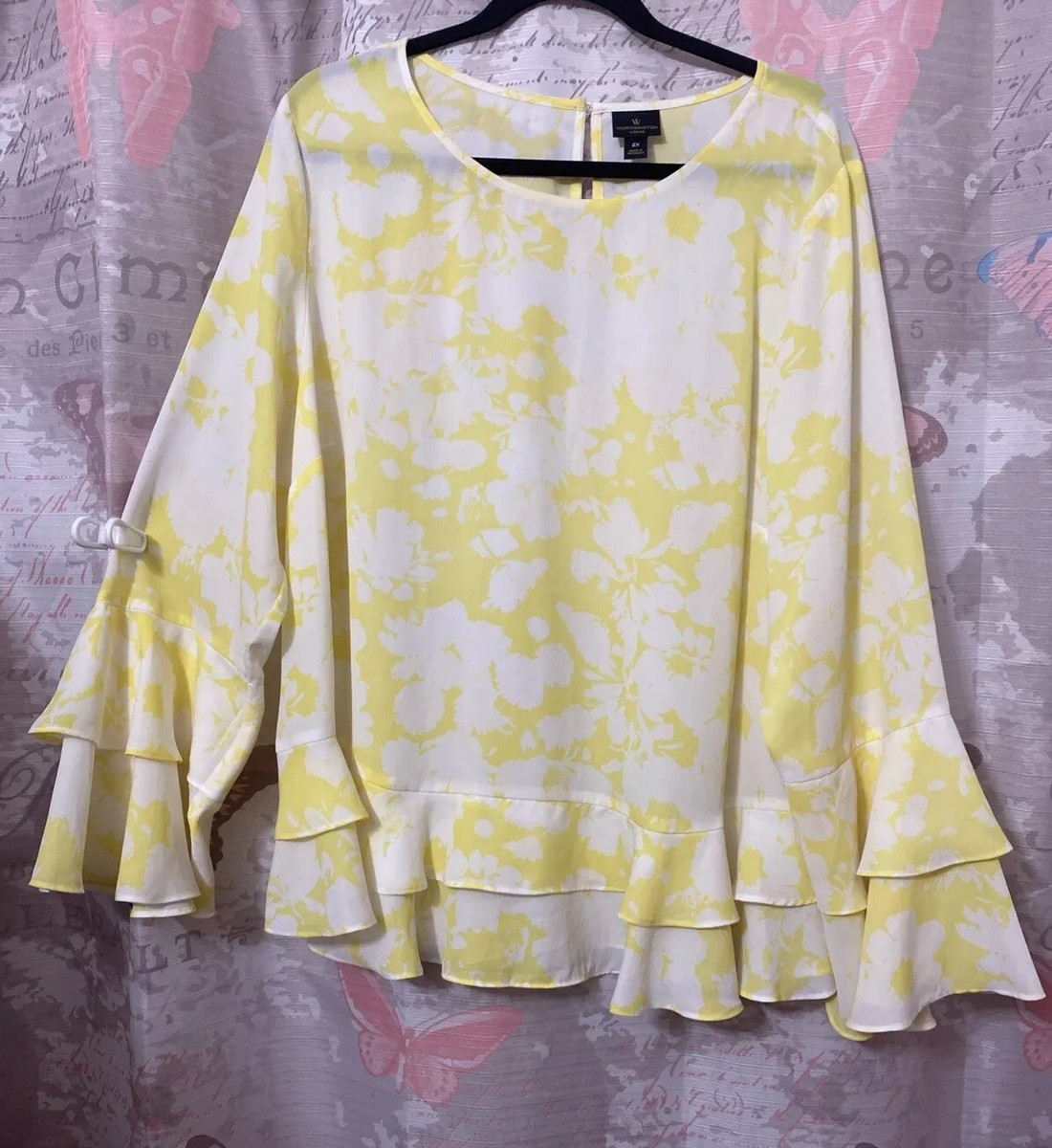 WORTHINGTON Yellow White Long Bell Ruffle Sleeve, Ruffle Hem, Back