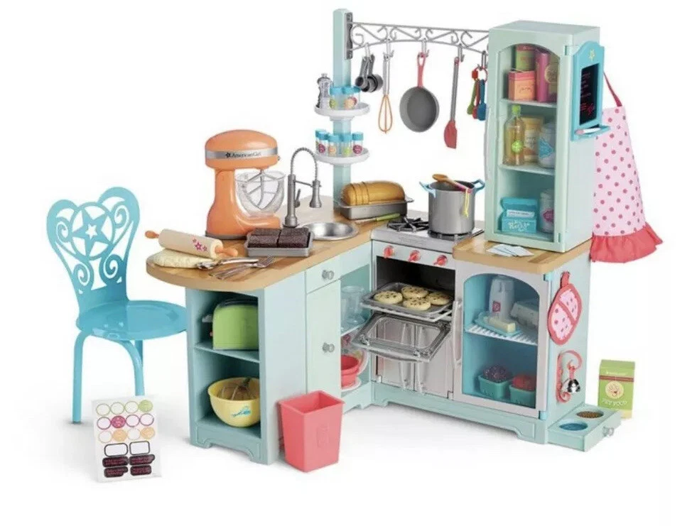 NEW American Girl Blue Gourmet Kitchen Set Doll Fridge Mixer Mini Dollhouse  Food