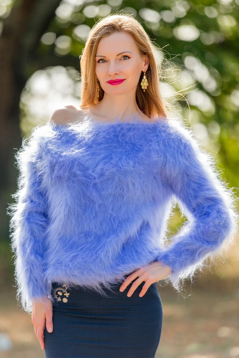 Fuzzy blue mohair sweater light soft top hand knit fluffy jumper by  SuperTanya