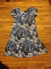 Vintage Kys Hawaiian Print Midi Dress L Blue Map Floral Print Tropical Beach