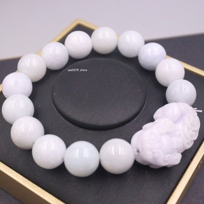 Natural Jadeite Jade Bracelet Women Men 13mm Round Bead Lucky Pixiu Bracelet