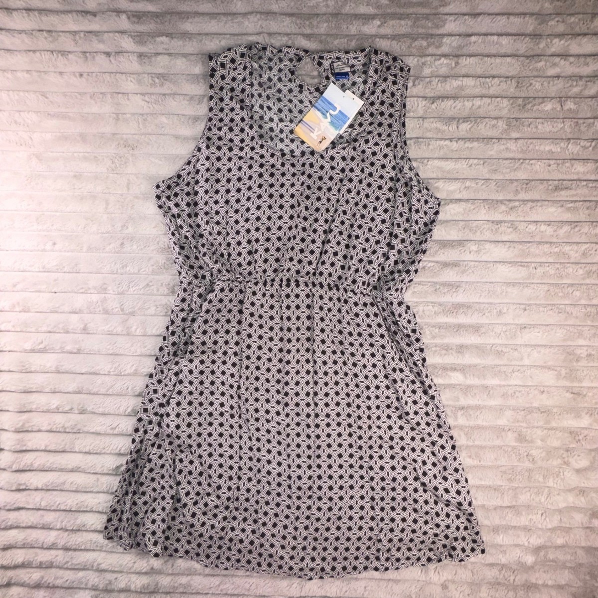 Kavu Simone Black Prism Dress XL Sleeveless Geometric Print Pocket Smocked  Waist | eBay