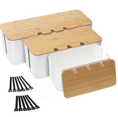 Pack of 3 cable boxes, cable management box, storage box for cables with bamboo