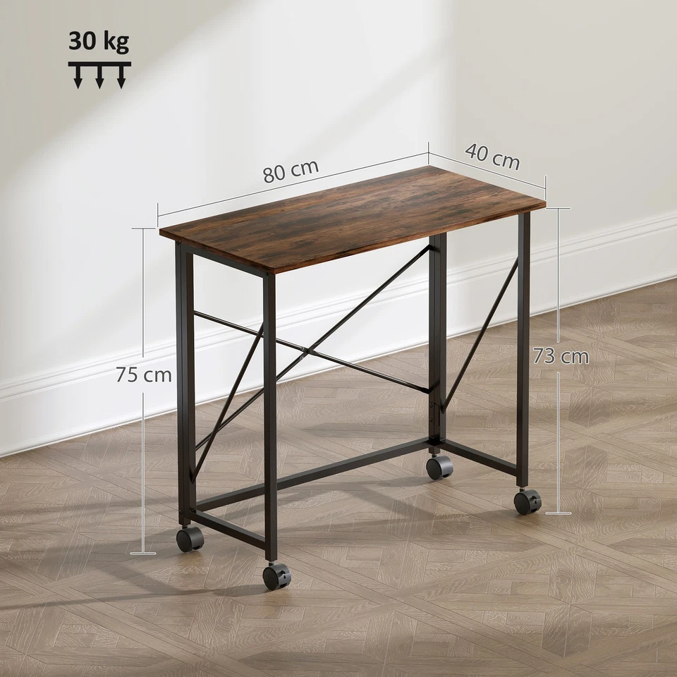 HOMCOM Folding Desk on Wheels, Writing Table for Home Office, Brown - Image 3 of 4