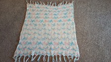 Vtg. Crochet Baby Crib Blanket Handmade Pink Blue White Pastel 43x27