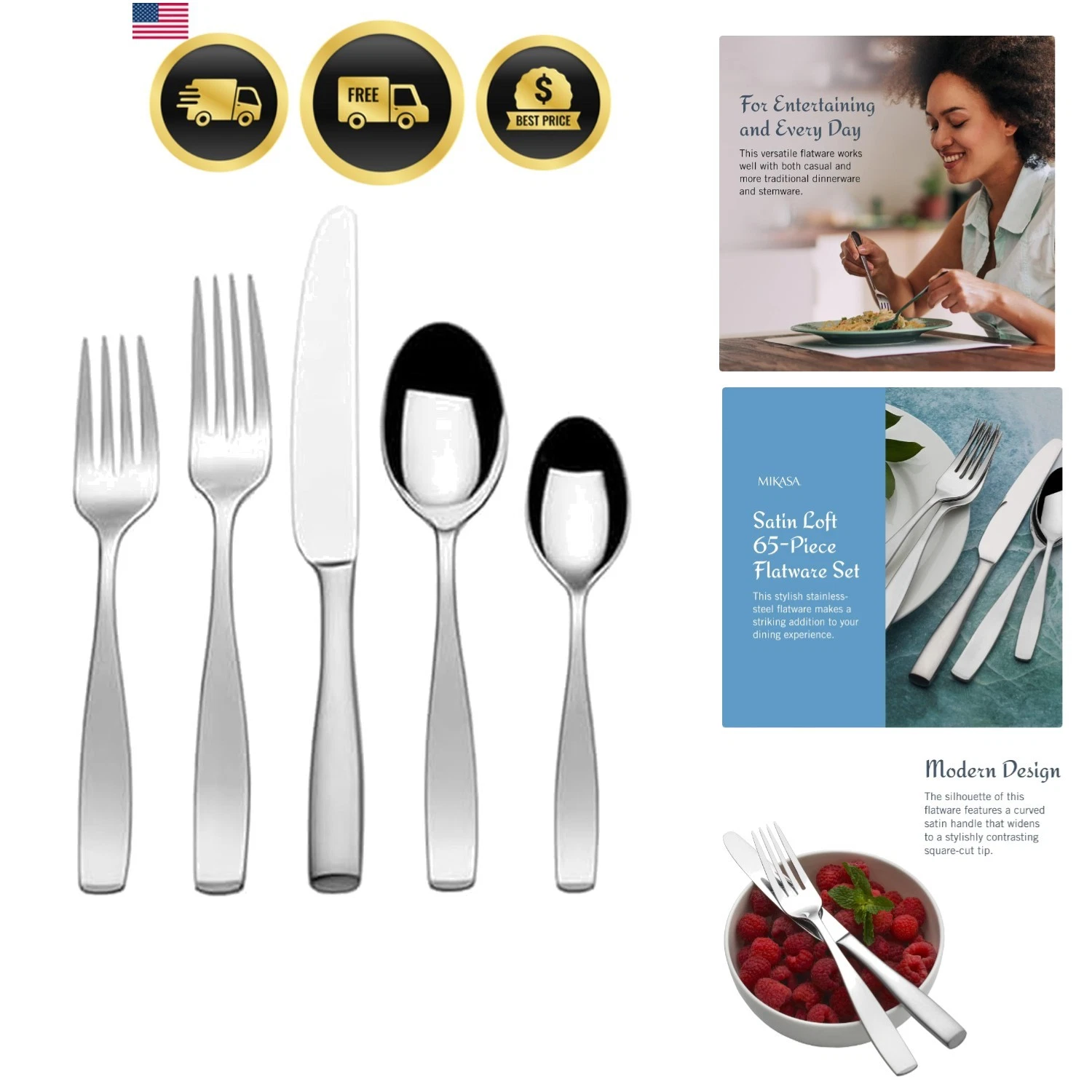 Satin Loft 65-Piece Flatware Set for 12, 18/10 Stainless Steel Silverware wit...