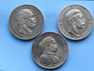 Konvolut 3 Stück 5 mark Preussen 1876 1907 1914 Silber Original SS