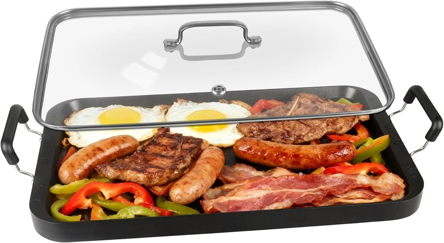 Vayepro FG-106-GCG 2-Burner Griddle Pan Aluminum Non-Stick Non-Rust w/ Glass Lid