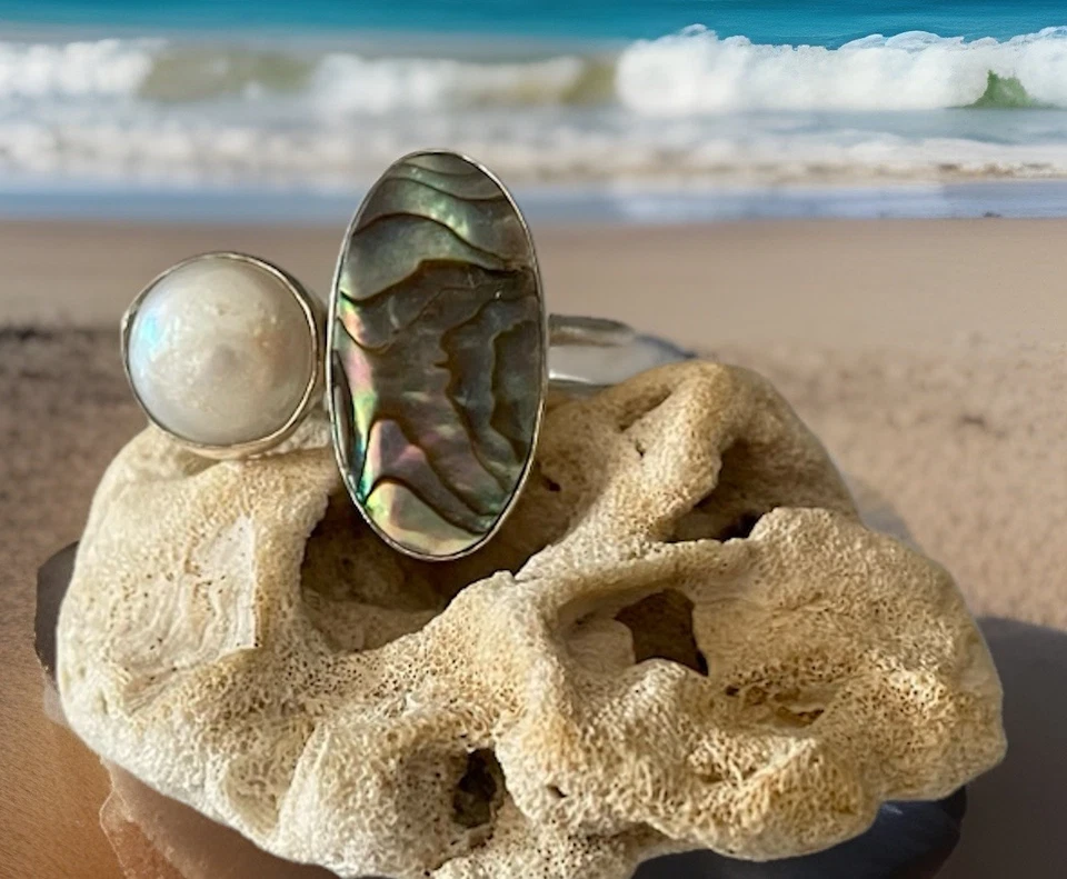 Anillo de perlas y concha de abulón talla 11 - chapado en plata de ley 925 - totalmente nuevo Foto 3 de 4