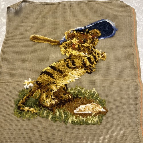 MOD Vintage Needlepoint Tiger Baseball Embroidery Framed 13x 15 Unframed - Picture 4 of 4